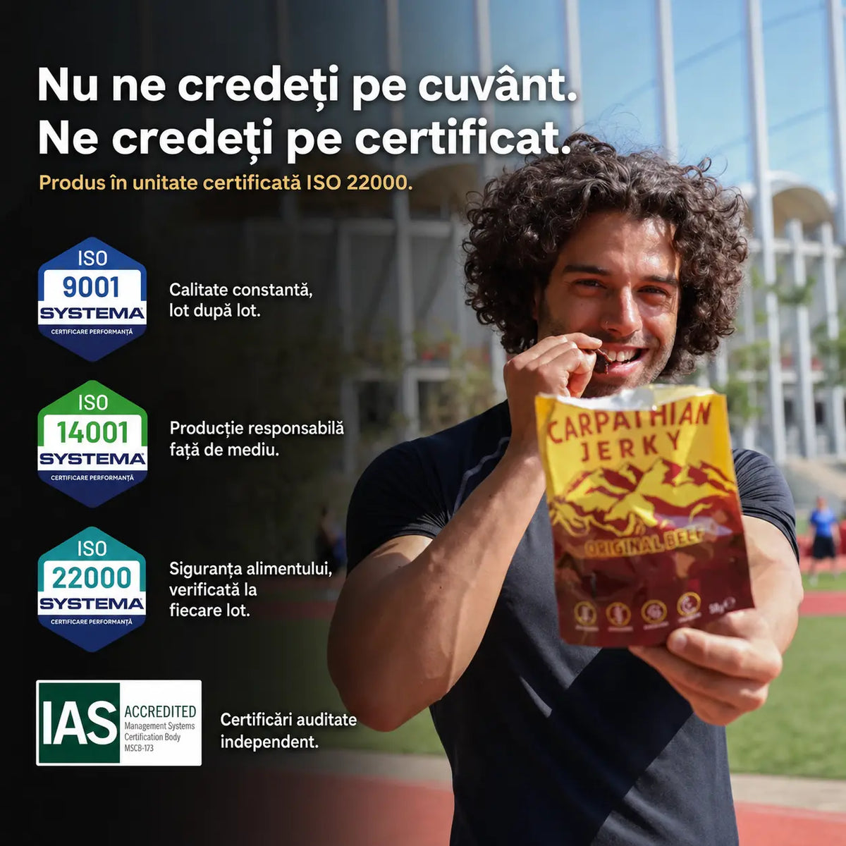 Carpathian Jerky Original Beef - certificări ISO 9001/14001/22000, siguranța alimentului